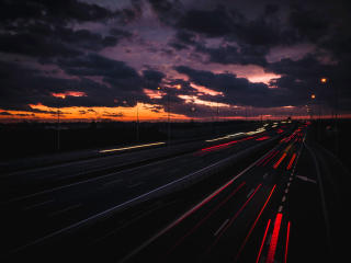 night city, road, clouds wallpaper