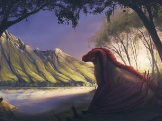 Red Dragon Sitting Outside Lake Wallpaper