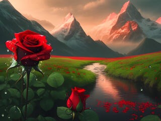 Red roses with Snowy Mountains HD Fantasy Landscape wallpaper