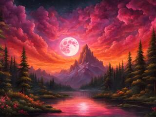 Red Sky and Bright Moon Wallpaper
