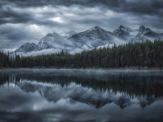 Reflection Of Cloud And Mountains In Forest Lake wallpaper