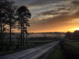road, sunset, fog wallpaper
