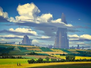 Sci Fi Countryside Painting City wallpaper