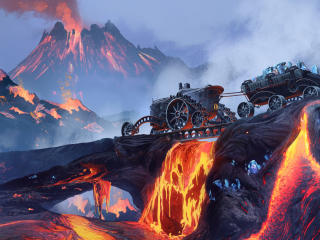 Scifi Steampunk Mountain Vehicle Mining Lava wallpaper