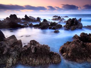 sea​​, rocks, sunset wallpaper