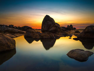 sea, stones, sunset wallpaper
