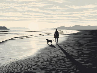 Seaside Dog Walking HD Monochrome Wallpaper