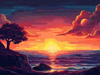 Serene Nature HD Pixel Art Sunset Wallpaper