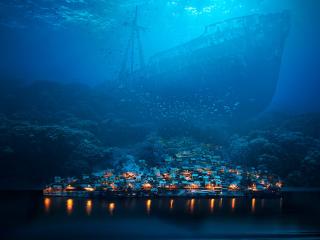 Ship And Town Underwater wallpaper