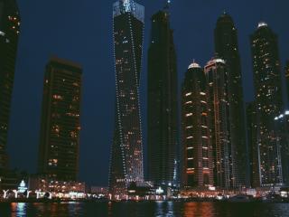 skyscrapers, night city, river Wallpaper