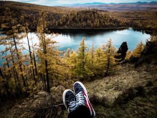 sneakers, lake, autumn Wallpaper