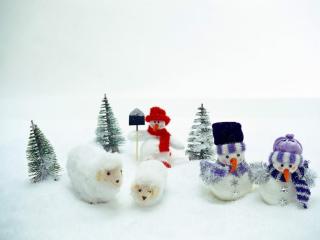 snowmen, sheep, trees Wallpaper