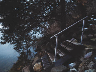 stairs, shore, river Wallpaper