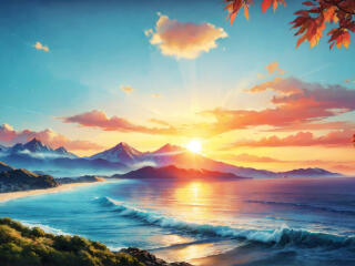 Sun Rising over Mountains Beach HD Photography wallpaper
