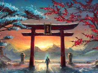 Sunset Art and Walking under Torii wallpaper