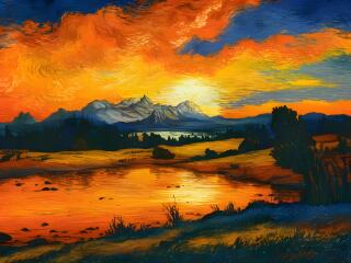 Sunset over Tranquil Mountain Lake Beautiful Landscape Digital Painting wallpaper
