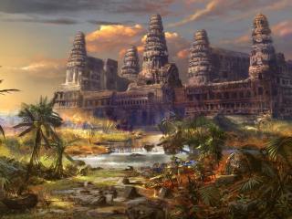 temple, destruction, palms wallpaper