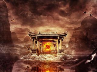 temple, fire, mountains wallpaper