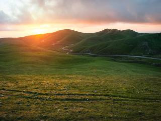 valley, grass, sunset Wallpaper