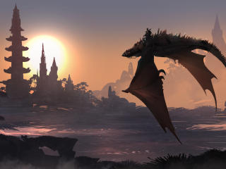 Warrior With Dragon In Sunrise wallpaper