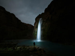 waterfall, night, man Wallpaper