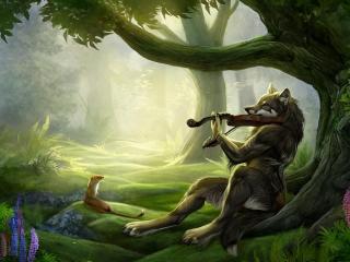 wolf, violin, wood Wallpaper