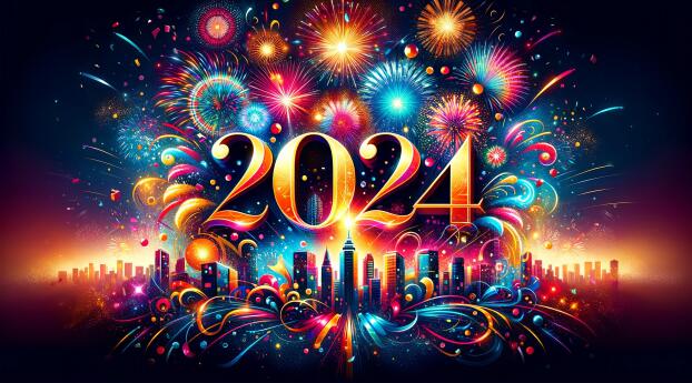 2024 New Year HD Colorful 2024 Fireworks Greeting Wallpaper 1980x900 Resolution
