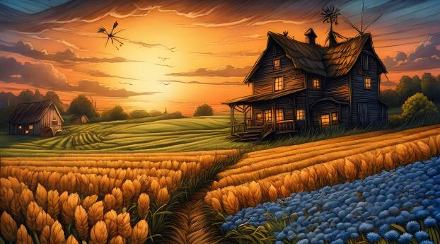 4K AI Old House in Wheat Field Wallpaper 1920x1080 Resolution