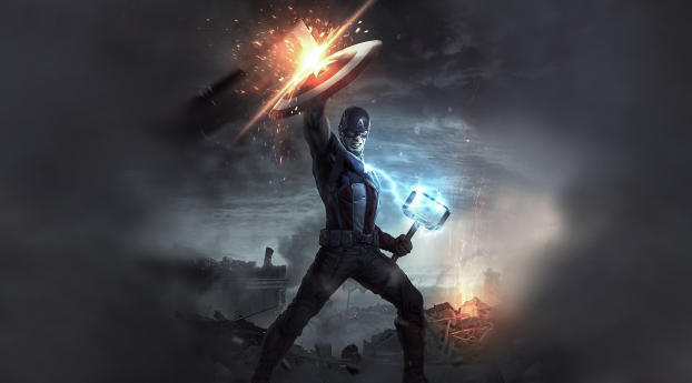 4K Captain America Mjolnir and Shield Wallpaper 2160x384 Resolution