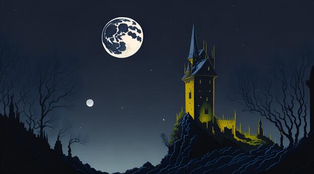 4K Magical Castle Transform in Full Moon Wallpaper 3400x450 Resolution
