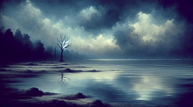 4K Mysterious Blue Lake with A Tree Wallpaper 1920x1080 Resolution