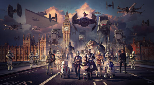 4K Star Wars Character in London Illustration Wallpaper 2088x2250 Resolution
