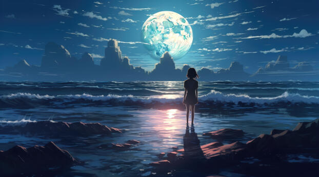 5K Anime Girl Watching Moon Wallpaper