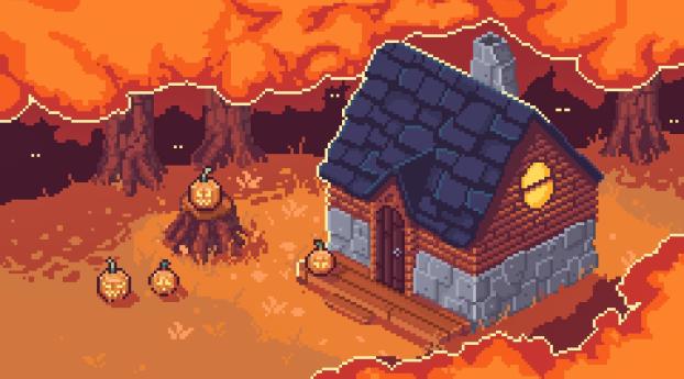 A Halloween Pixel House Wallpaper 1440x3160 Resolution