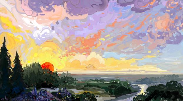 A Sunset Illustration Wallpaper 1440x2880 Resolution