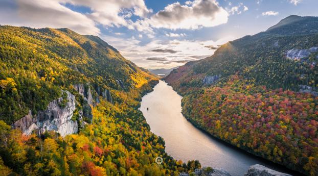 Adirondack Mountains River Clouds Trees Wallpaper 320x568 Resolution