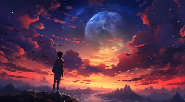 Adventures Boy Watching Beautiful Digital Sky Wallpaper 1440x1440 Resolution