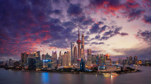 Aerial View Shanghai Skyline and Skyscrapers Wallpaper 3340x1440 Resolution
