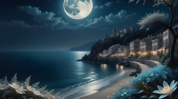 AI Coastal HD Moon Night Wallpaper