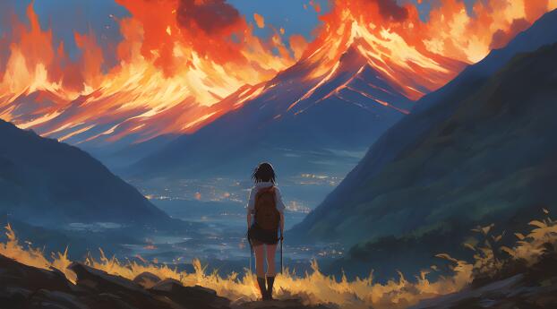 Alone 4K Volcano Adventure Art Wallpaper 1440x2960 Resolution