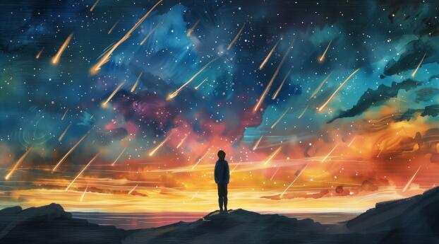 Alone in Space Meteor Shower Cool HD Art Wallpaper