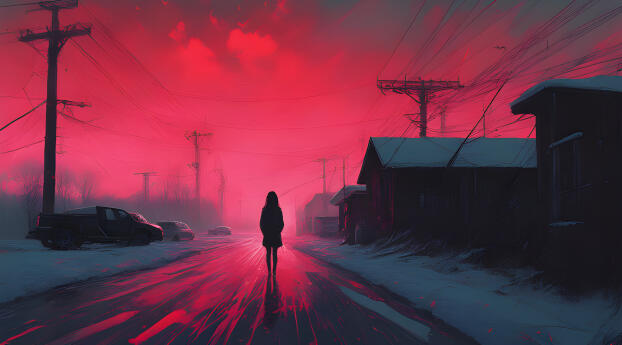 Alone walking in Red Sunset Wallpaper 1336x768 Resolution