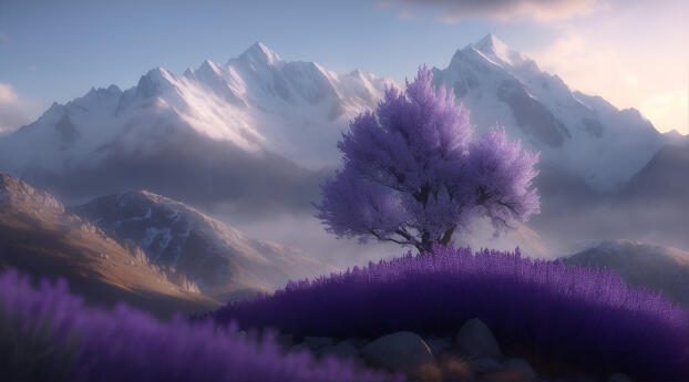Alpine Landscape HD Purple Tree Wallpaper