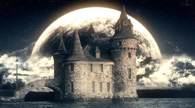 Ancient Castle And Moon Art Wallpaper 360x640 Resolution