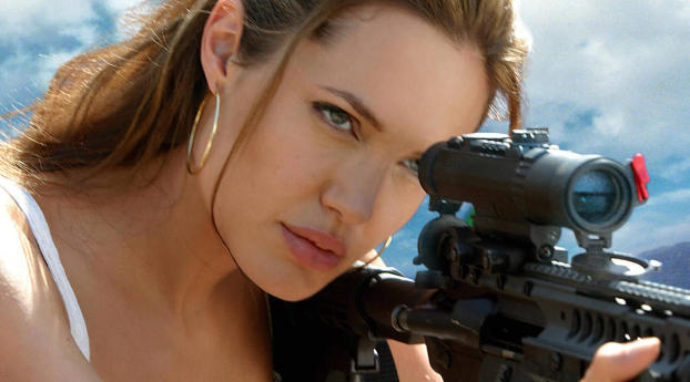Angelina Jolie With Gun wallpaper Wallpaper 1440x2560 Resolution
