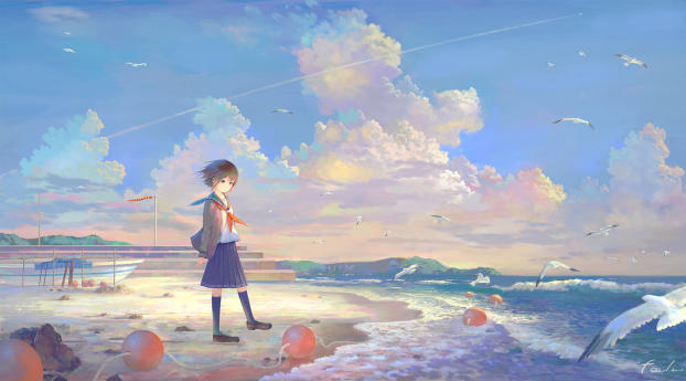 Anime Girl at the Seaside Wallpaper 1440x2960 Resolution