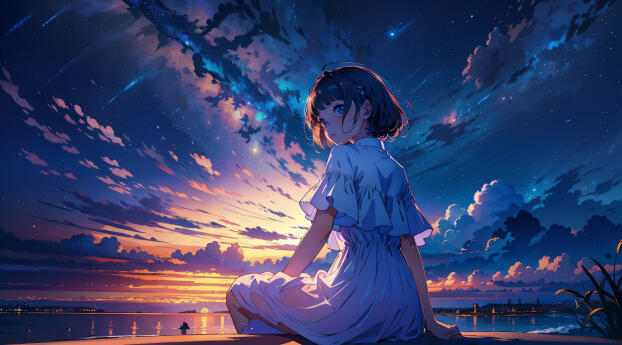 Anime Girl Enjoying Sunset Wallpaper 3449x1600 Resolution
