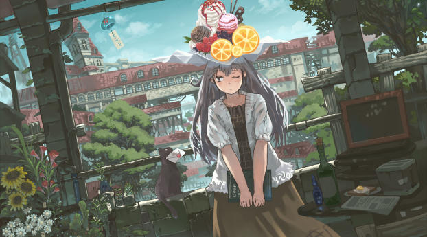anime, girl, fruit Wallpaper 2048x1152 Resolution