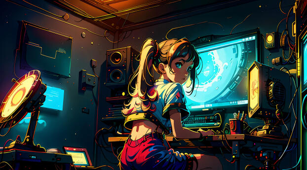 Anime Girl Hacker HD Cute Digital Art Wallpaper 5120x1600 Resolution