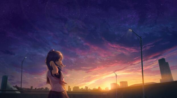 Anime Girl HD Sunrise 2022 Wallpaper 1360x768 Resolution